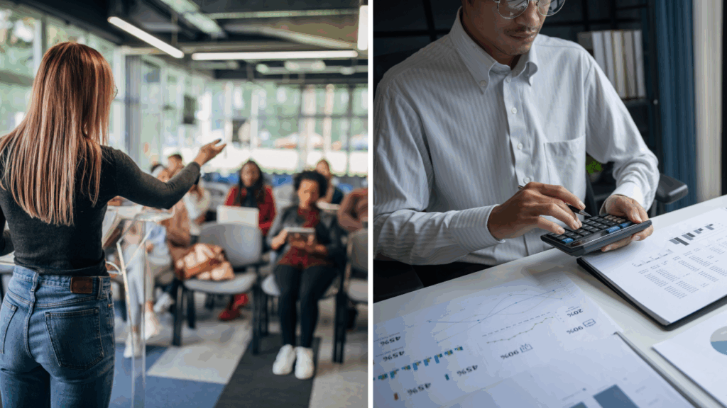 Business coach teaching a group of entrepreneurs while another professional reviews financial data and growth metrics, representing the value of mentorship and guided learning in business success