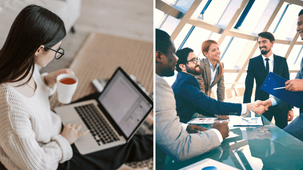 Young entrepreneur working remotely on a laptop while professionals close a business deal in an office, symbolizing the choice between a job and building a business.