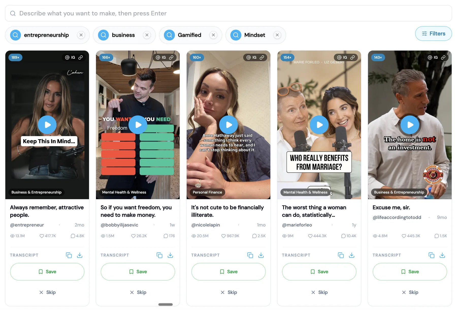 TopicFinder app showing outlier videos, topic filters and transcripts